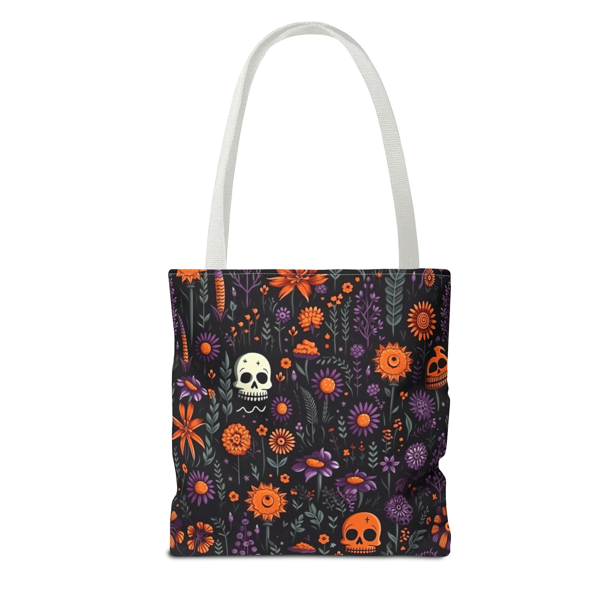 Halloween Skull Floral Tote Bag — Spooky Orange & Purple All-Over-Print