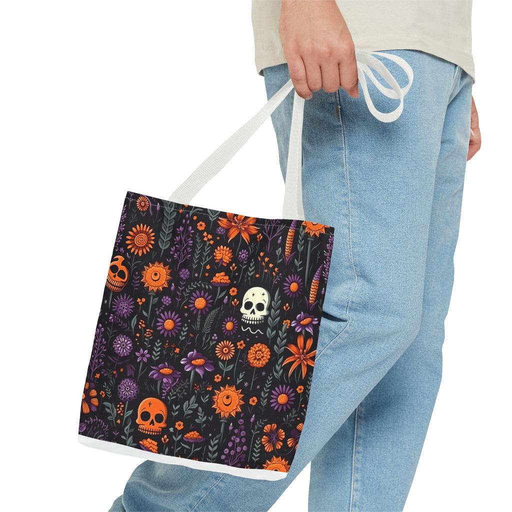 Halloween Skull Floral Tote Bag — Spooky Orange & Purple All-Over-Print