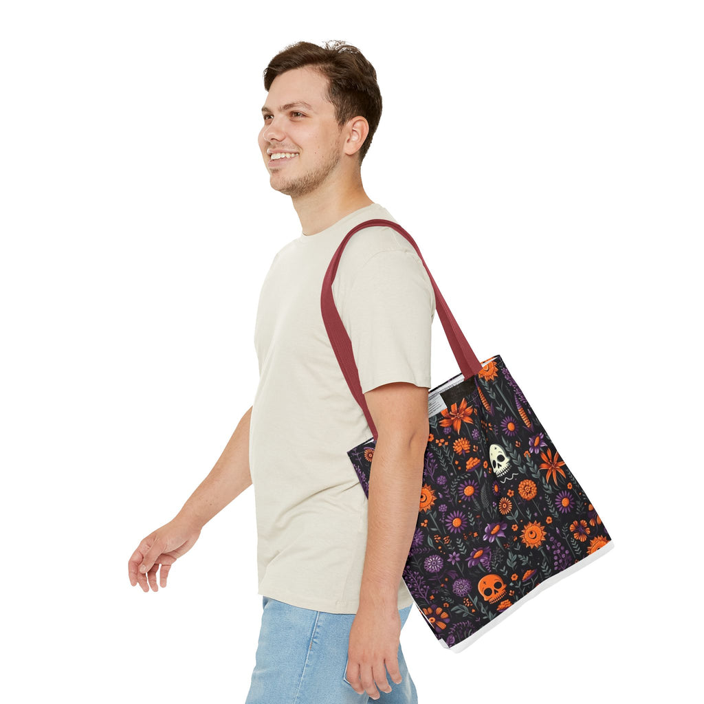 Halloween Skull Floral Tote Bag — Spooky Orange & Purple All-Over-Print