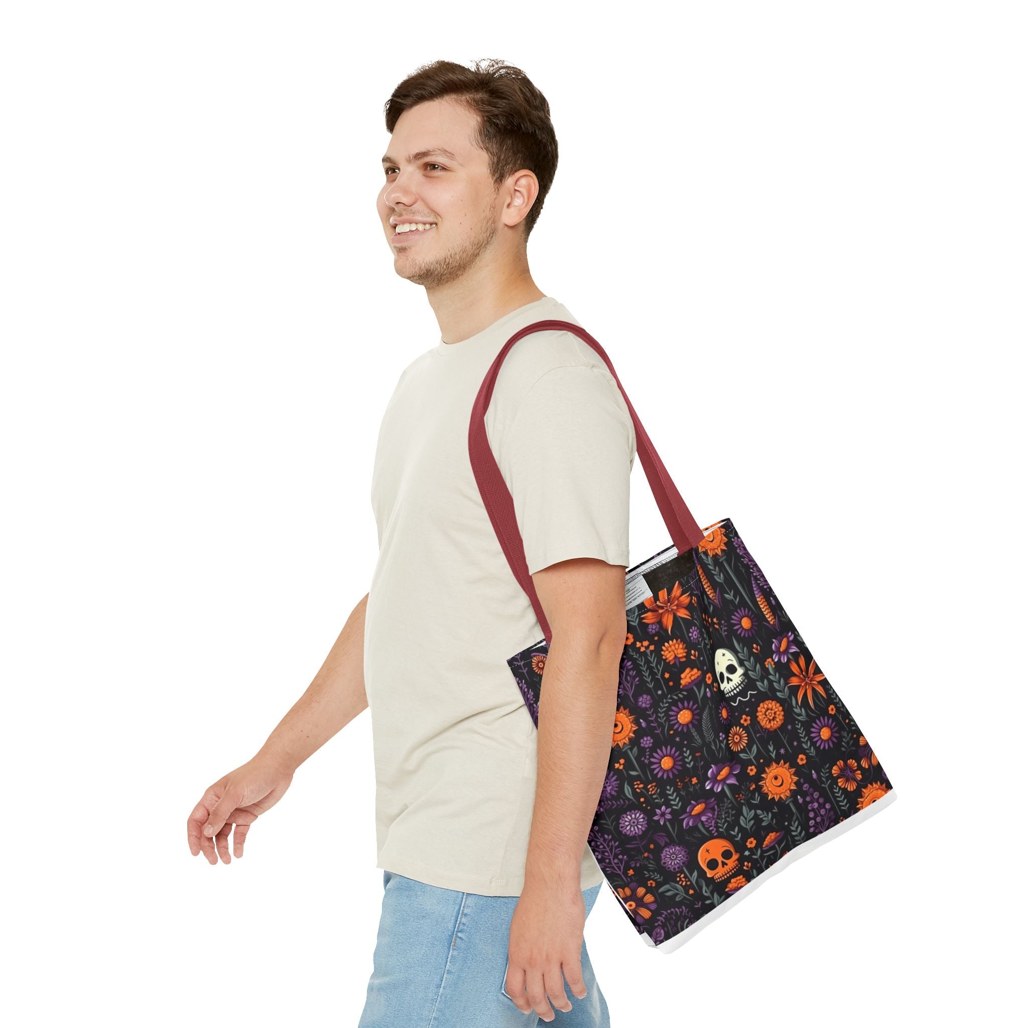 Halloween Skull Floral Tote Bag — Spooky Orange & Purple All-Over-Print