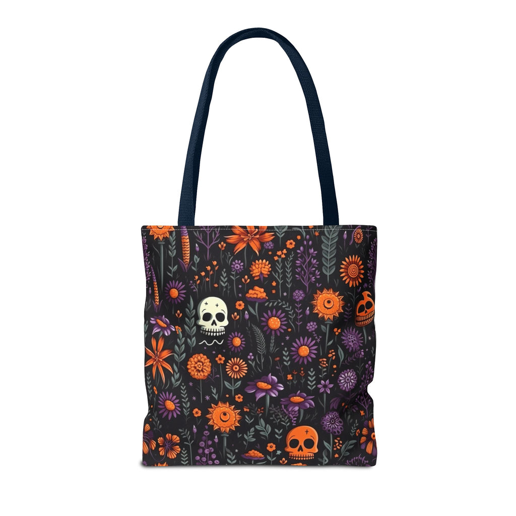 Halloween Skull Floral Tote Bag — Spooky Orange & Purple All-Over-Print
