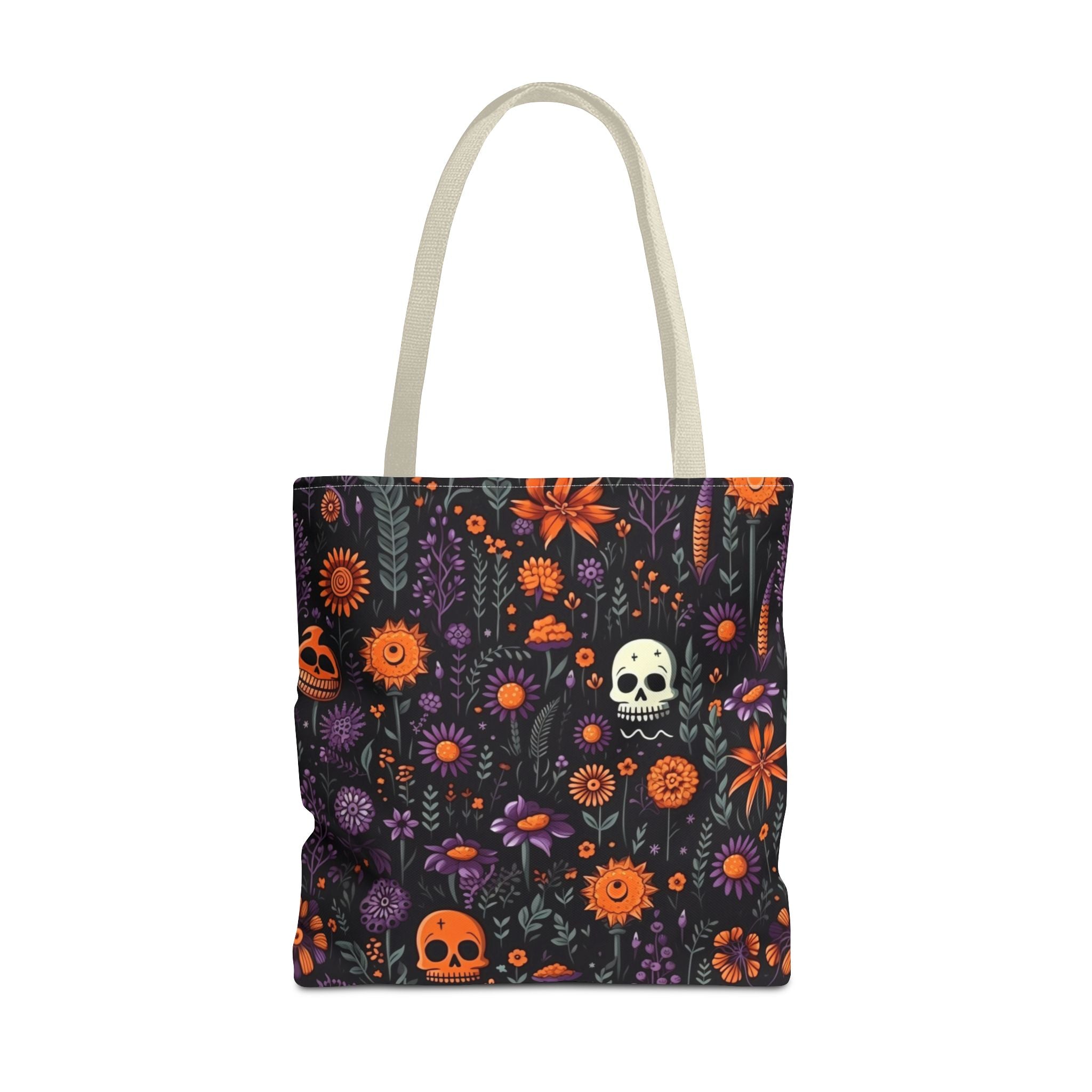 Halloween Skull Floral Tote Bag — Spooky Orange & Purple All-Over-Print