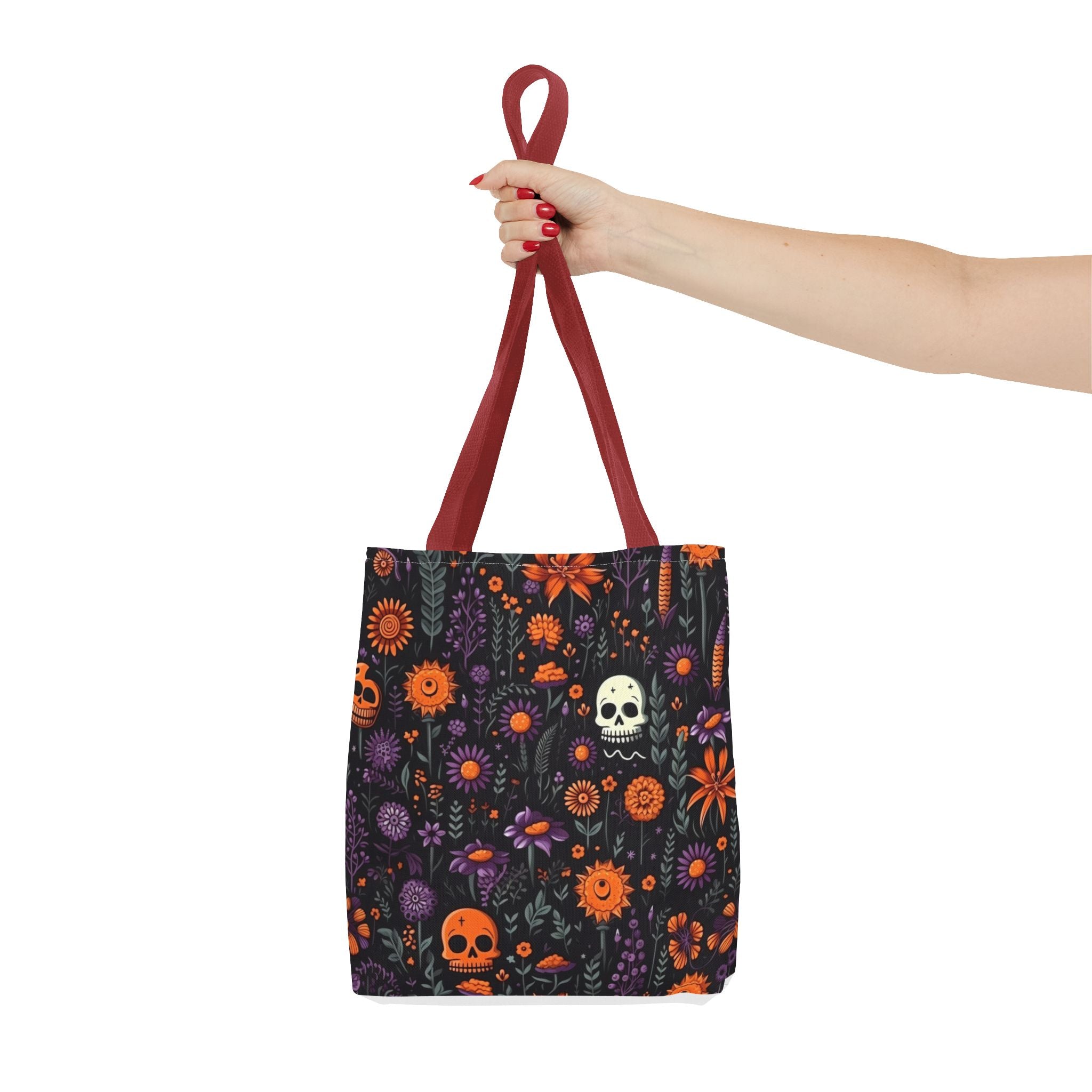 Halloween Skull Floral Tote Bag — Spooky Orange & Purple All-Over-Print