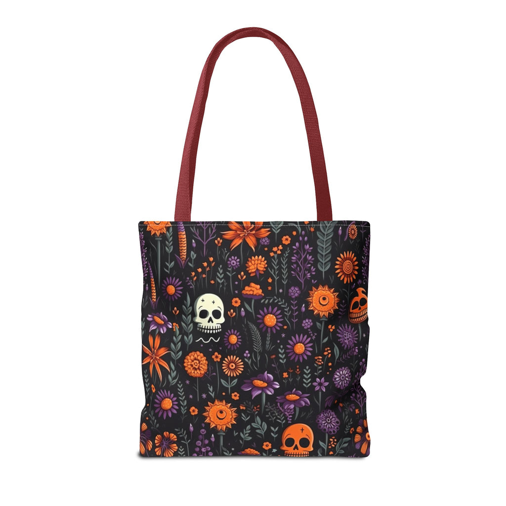 Halloween Skull Floral Tote Bag — Spooky Orange & Purple All-Over-Print