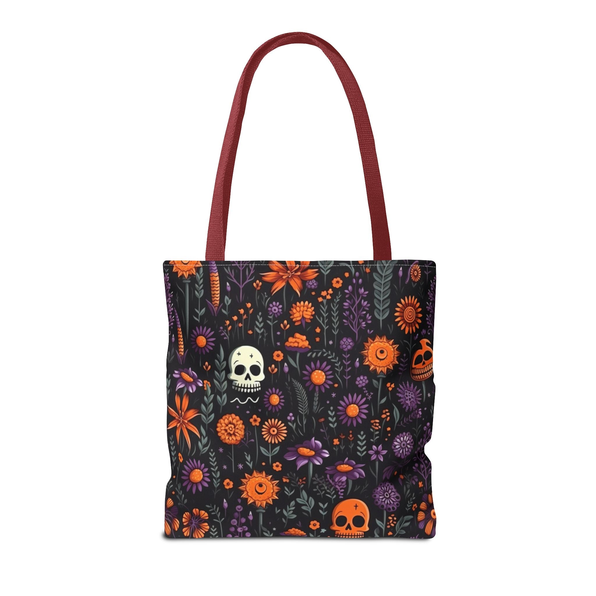 Halloween Skull Floral Tote Bag — Spooky Orange & Purple All-Over-Print