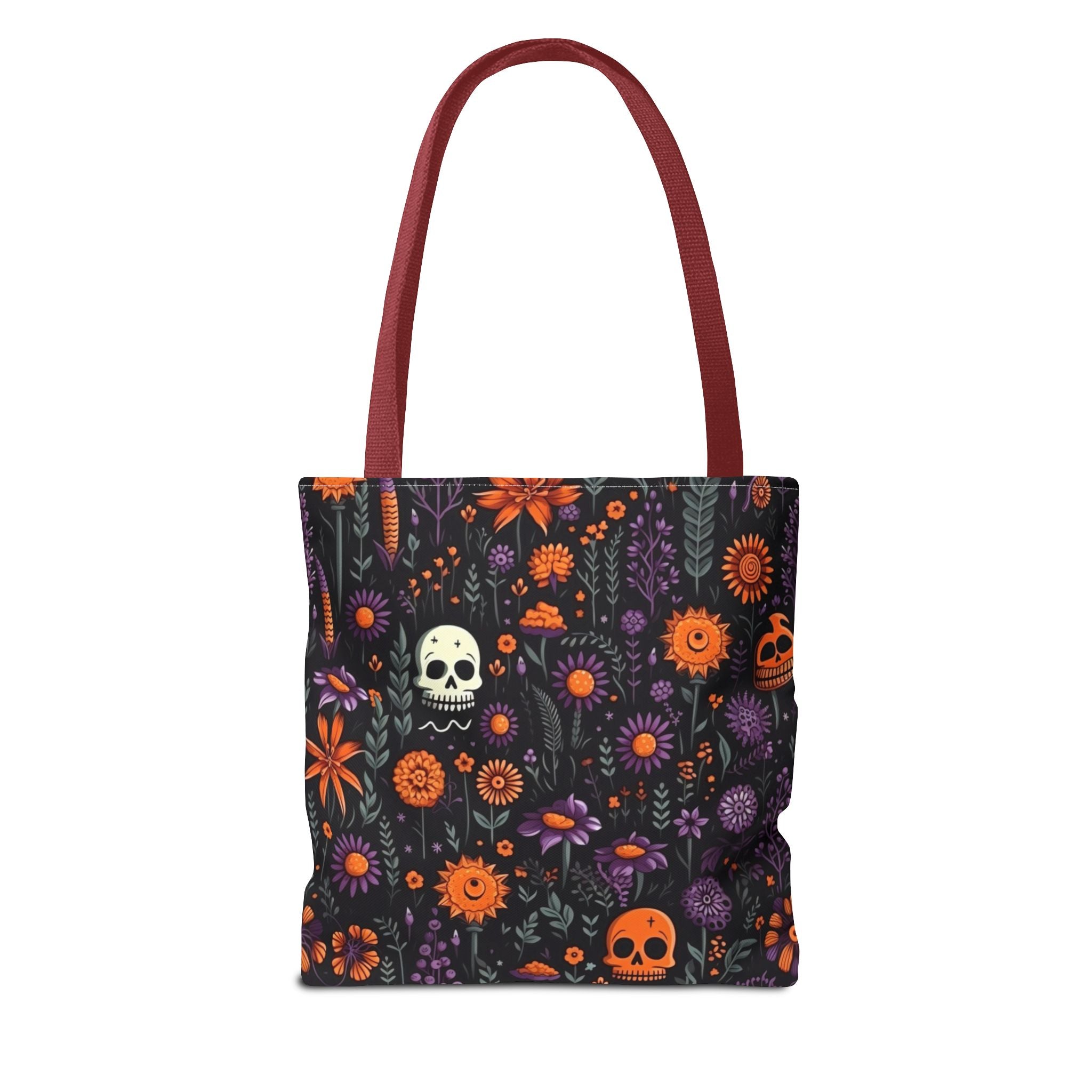 Halloween Skull Floral Tote Bag — Spooky Orange & Purple All-Over-Print