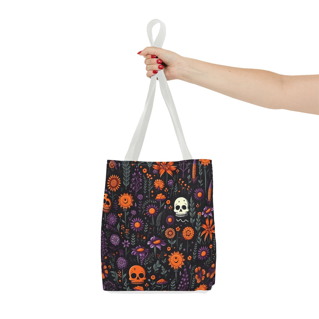 Halloween Skull Floral Tote Bag — Spooky Orange & Purple All-Over-Print