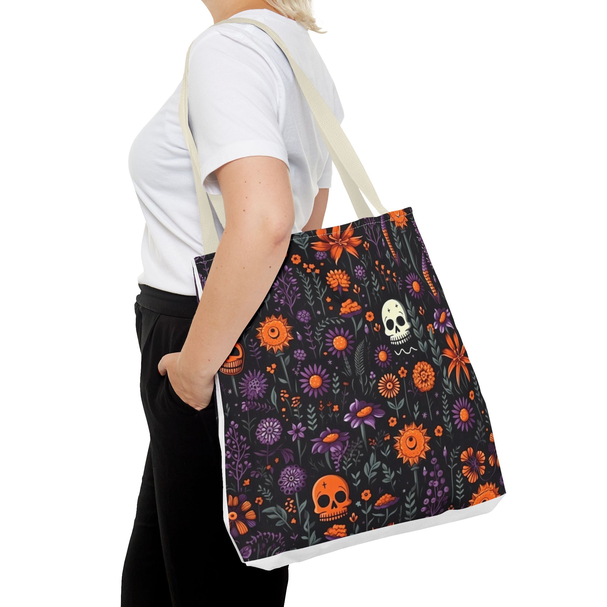 Halloween Skull Floral Tote Bag — Spooky Orange & Purple All-Over-Print