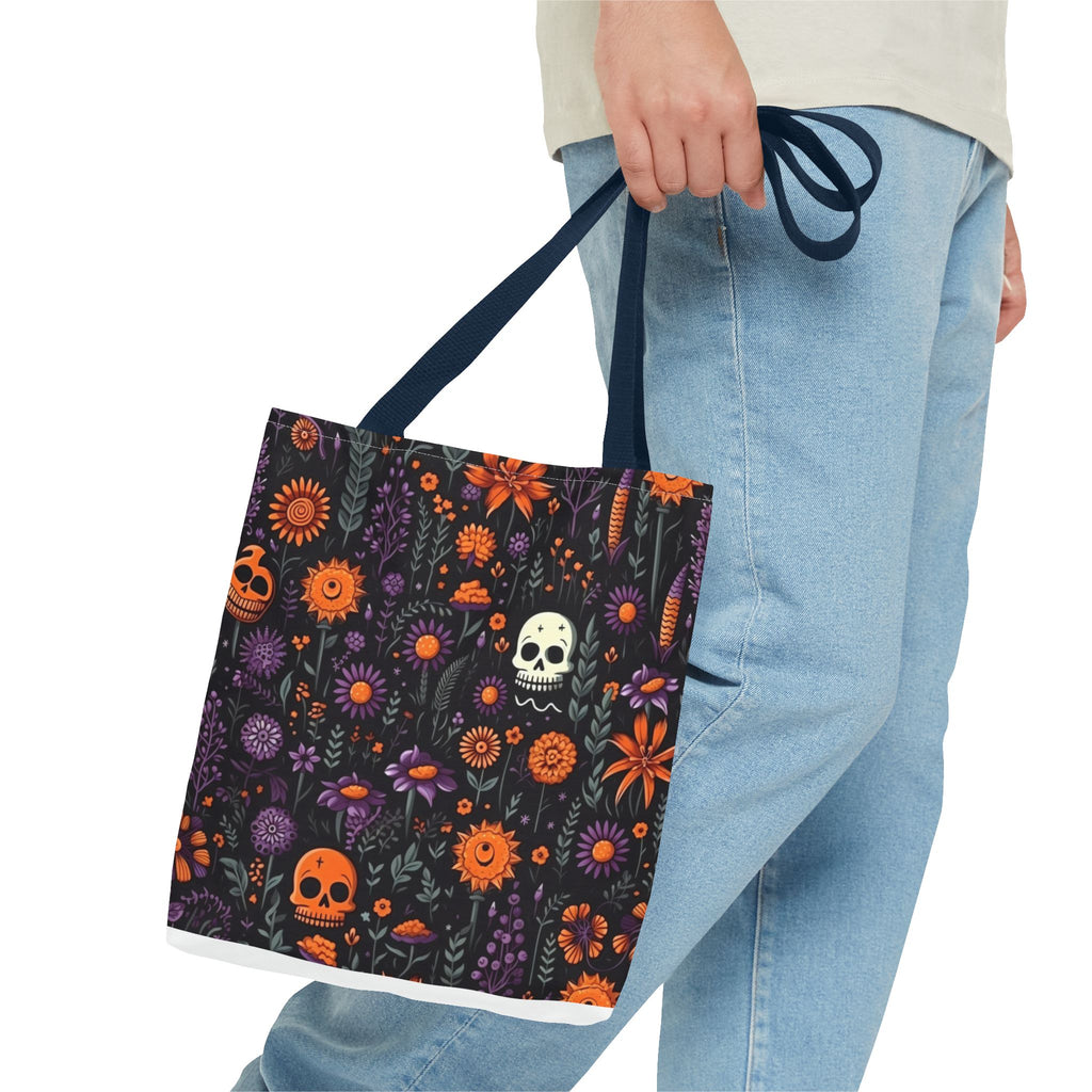Halloween Skull Floral Tote Bag — Spooky Orange & Purple All-Over-Print