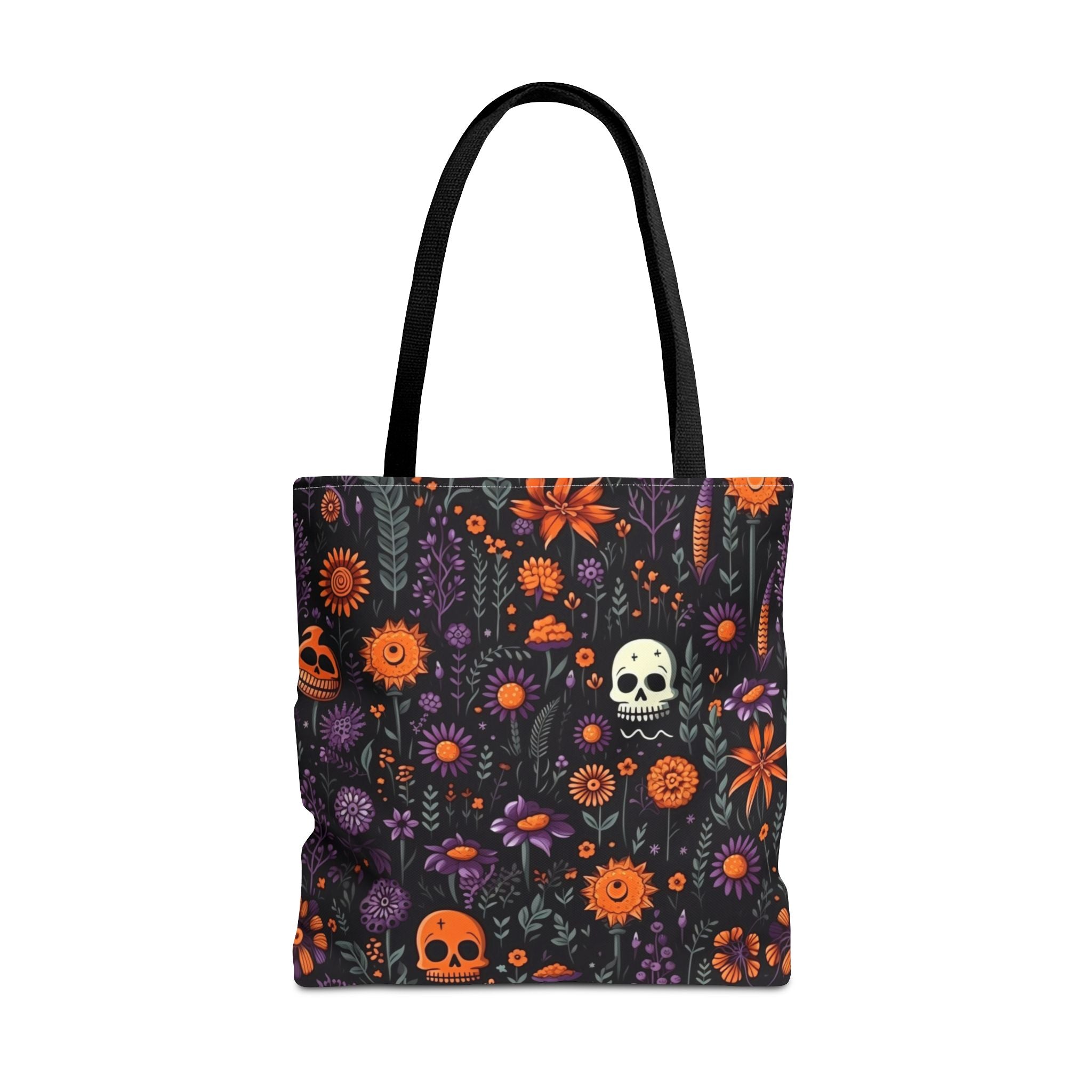 Halloween Skull Floral Tote Bag — Spooky Orange & Purple All-Over-Print