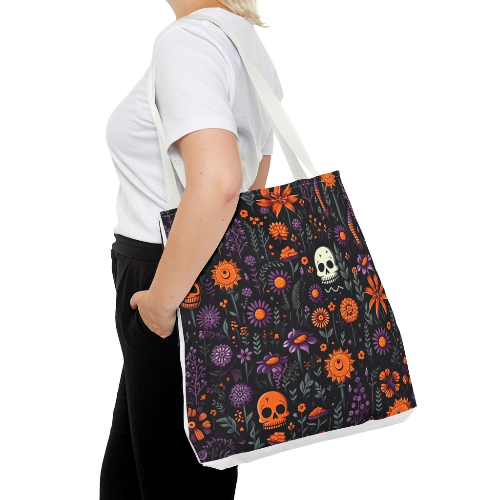 Halloween Skull Floral Tote Bag — Spooky Orange & Purple All-Over-Print