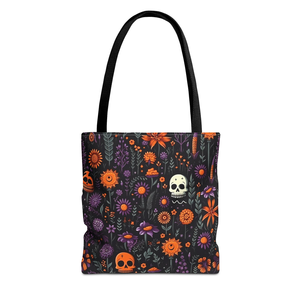 Halloween Skull Floral Tote Bag — Spooky Orange & Purple All-Over-Print