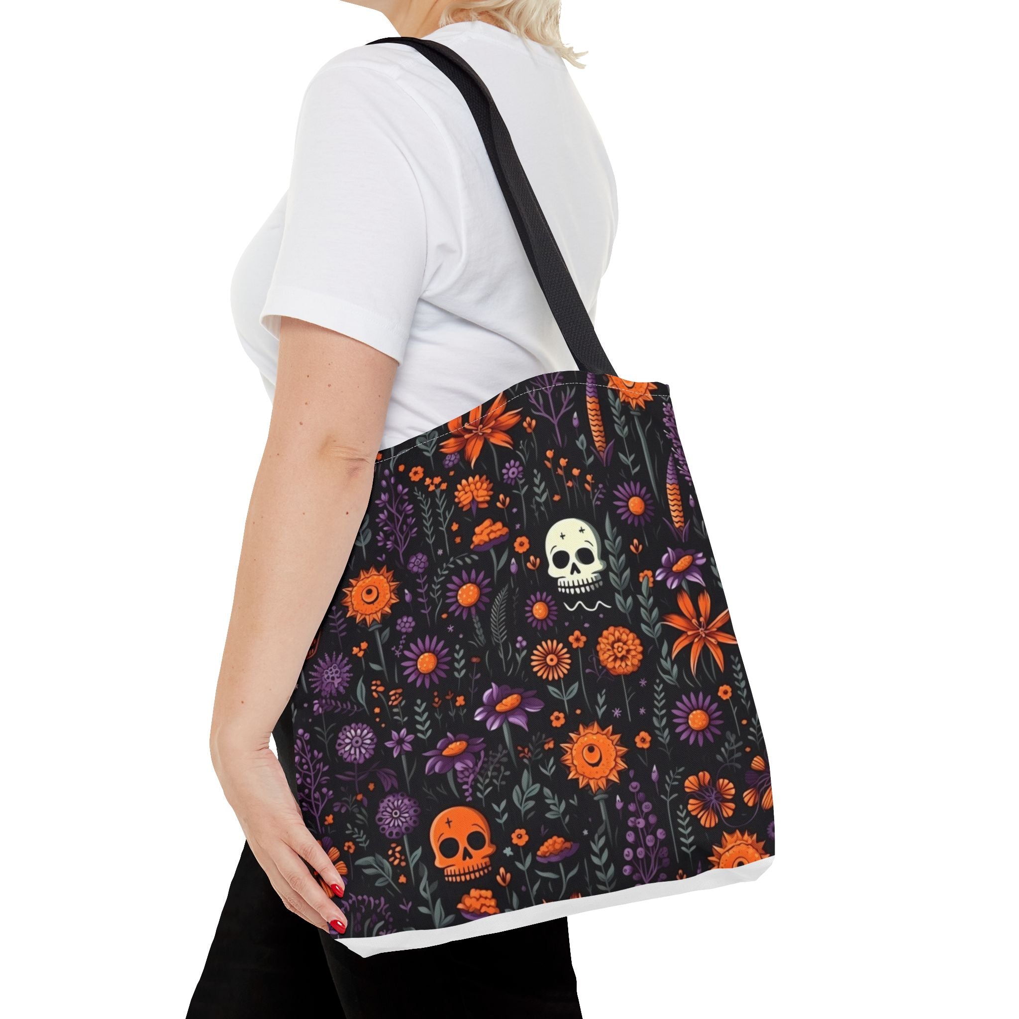 Halloween Skull Floral Tote Bag — Spooky Orange & Purple All-Over-Print