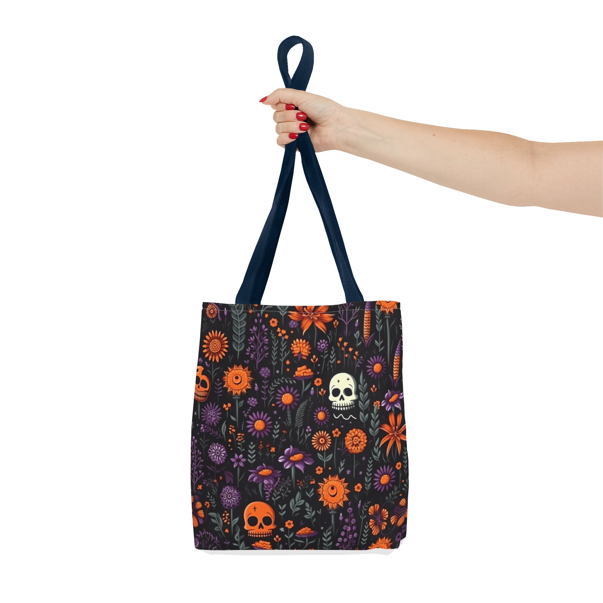 Halloween Skull Floral Tote Bag — Spooky Orange & Purple All-Over-Print