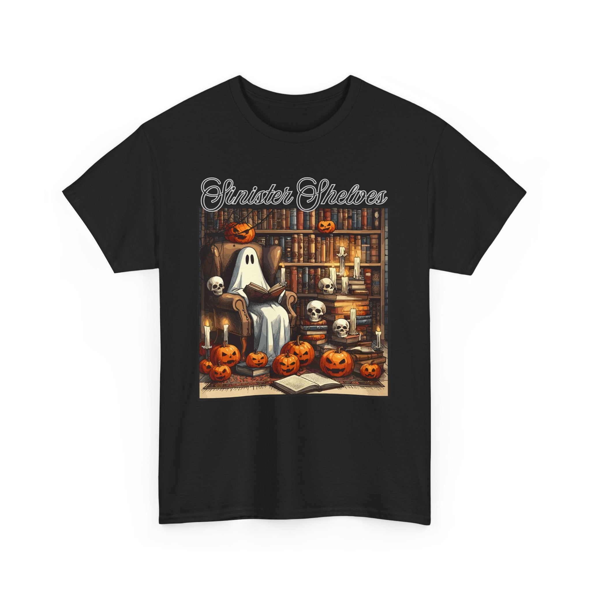 Halloween Ghost Library T‑Shirt — "Sinister Shelves" Vintage Spooky Jack‑O'Lantern Tee