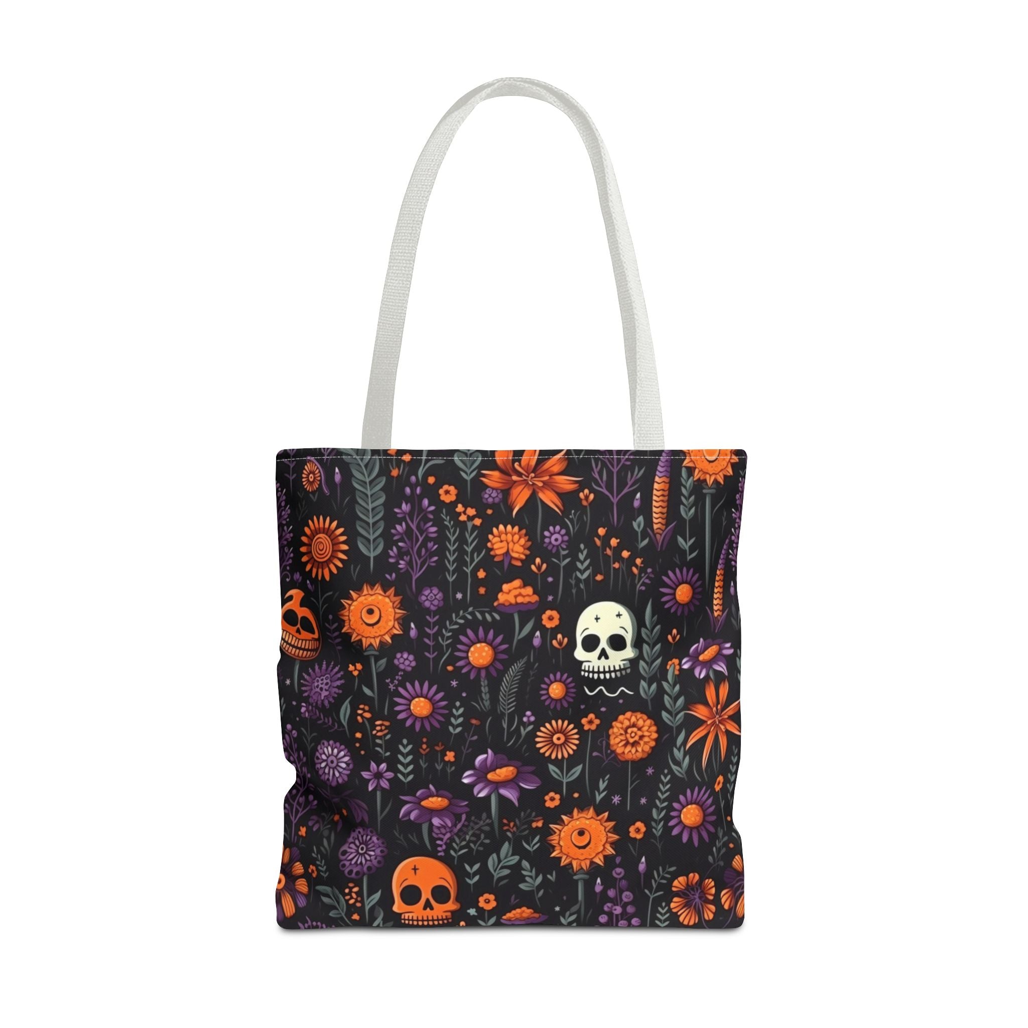 Halloween Skull Floral Tote Bag — Spooky Orange & Purple All-Over-Print