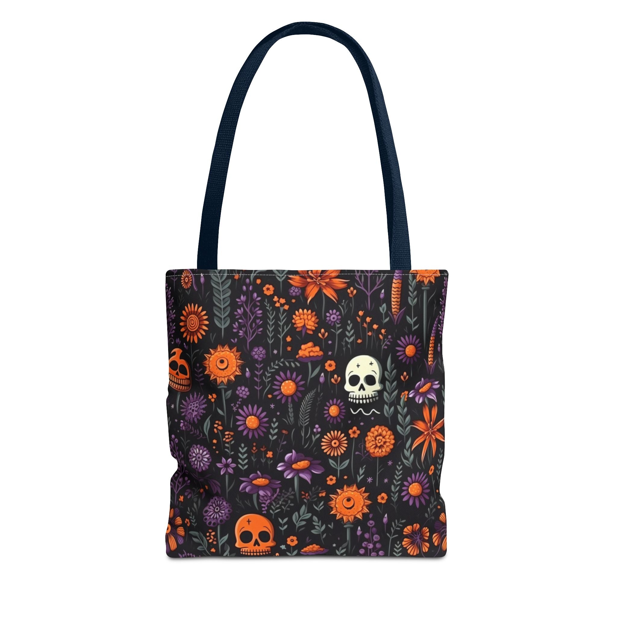 Halloween Skull Floral Tote Bag — Spooky Orange & Purple All-Over-Print